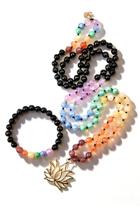 Mala necklace, 8mm colored calcite, black agate, with lotus flower pendant, 108 beads