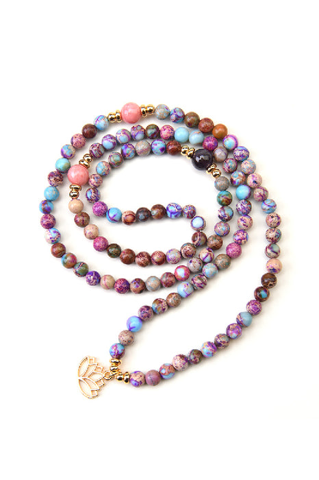Mala necklace 6mm marine sediment jasper, with lotus flower pendant, 108 beads