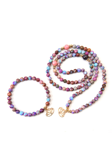 Bracelet 6mm marine sediment jasper, with lotus flower pendant, 18.5cm