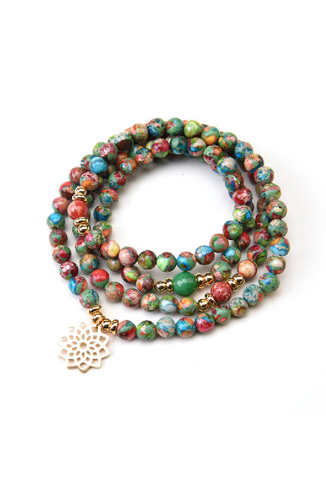 Mala necklace 6mm rainbow marine sediment jasper, with mandala pendant, 108 beads