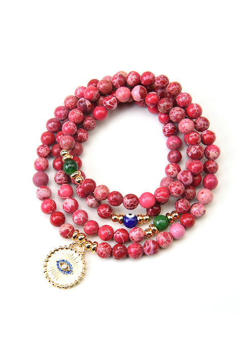 Mala necklace 6mm red marine sediment jasper, with eye pendant, 108 beads