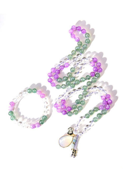 Bracelet 8mm purple calcite, green aventurine, crystal quartz, crackle quartz 19cm
