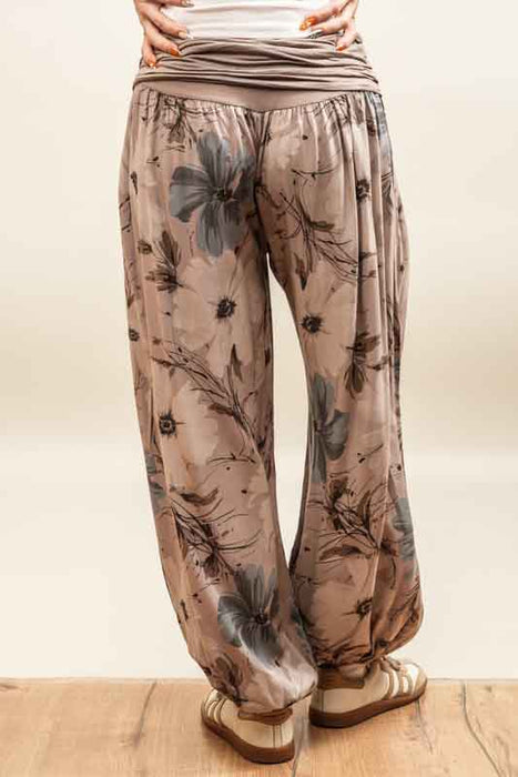 Harem pants in taupe viscose with floral pattern - One Size