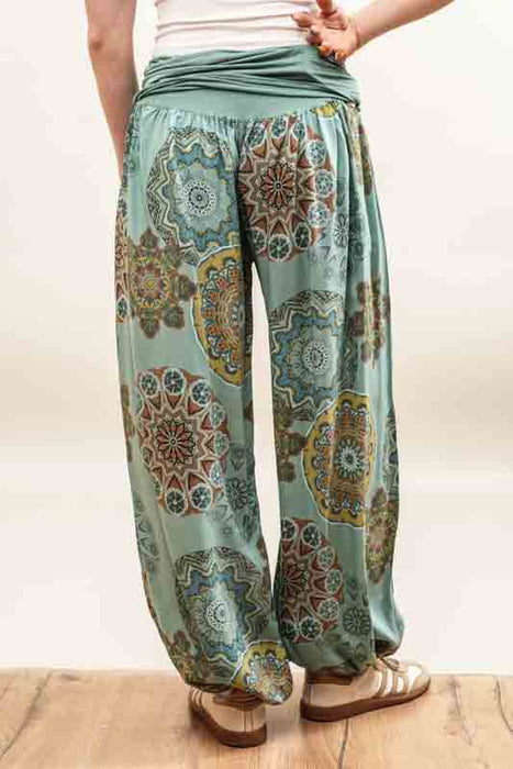 Harem pants, viscose, green, mandala - One Size