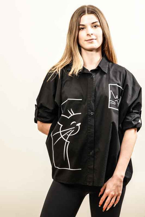 Cotton blouse, 3/4 sleeves, black, cat print - One Size