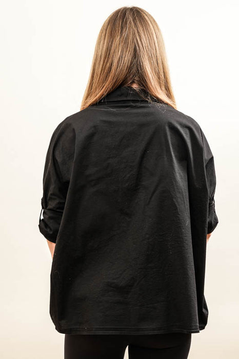 Cotton blouse, 3/4 sleeves, black, cat print - One Size