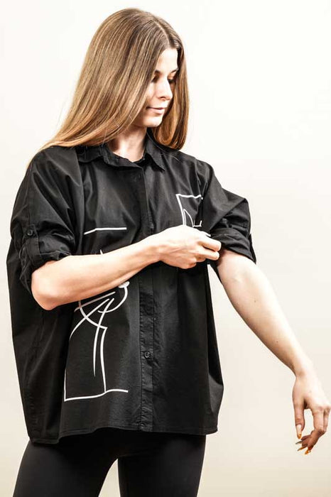 Cotton blouse, 3/4 sleeves, black, cat print - One Size