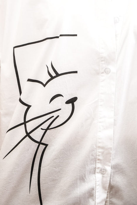 Cotton blouse, 3/4 sleeves, white, cat print - One Size