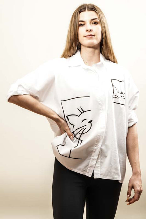 Cotton blouse, 3/4 sleeves, white, cat print - One Size