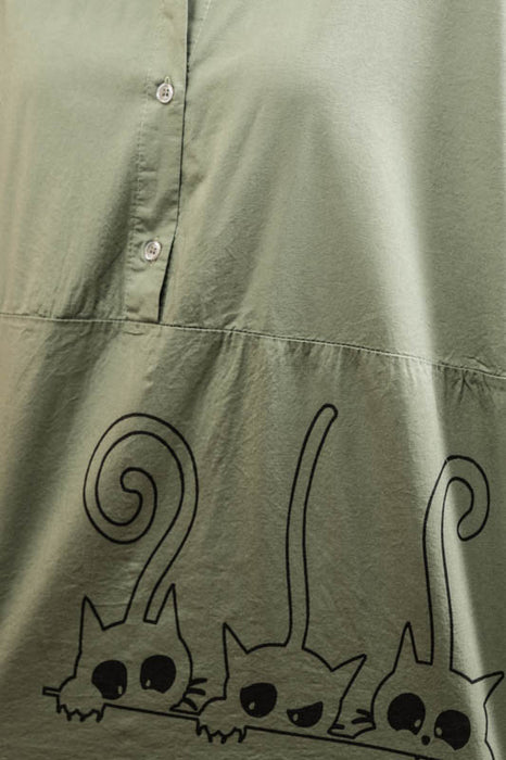 Cotton blouse, 3/4 sleeves, khaki, 3 cats - One Size