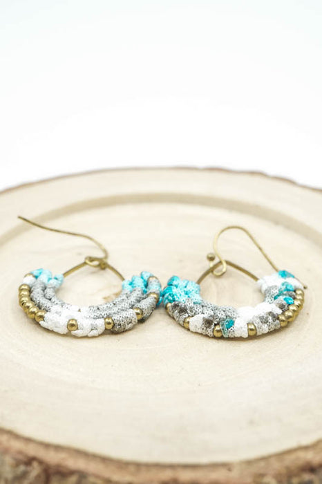Earrings, glass beads, half-round, light blue/white