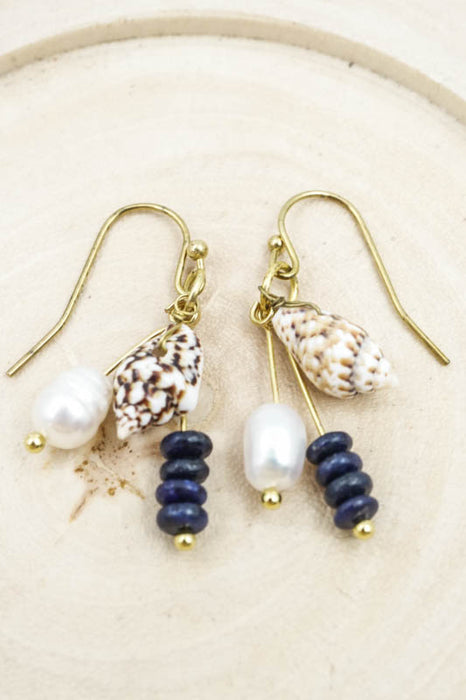 Earrings Glass Beads Dark Blue / Small Shell / Mother of Pearl