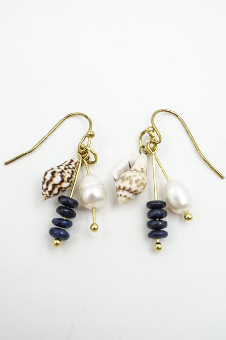 Earrings Glass Beads Dark Blue / Small Shell / Mother of Pearl
