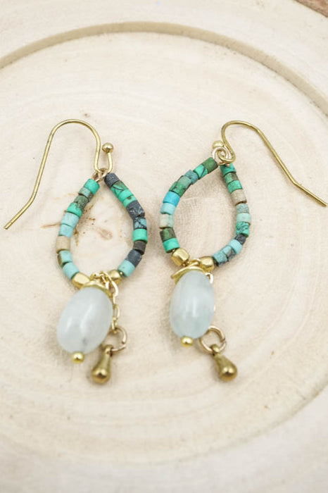 Boucles d'oreilles perles de verre et pierres semi-précieuses turquoise/bleu clair
