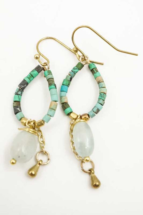Boucles d'oreilles perles de verre et pierres semi-précieuses turquoise/bleu clair