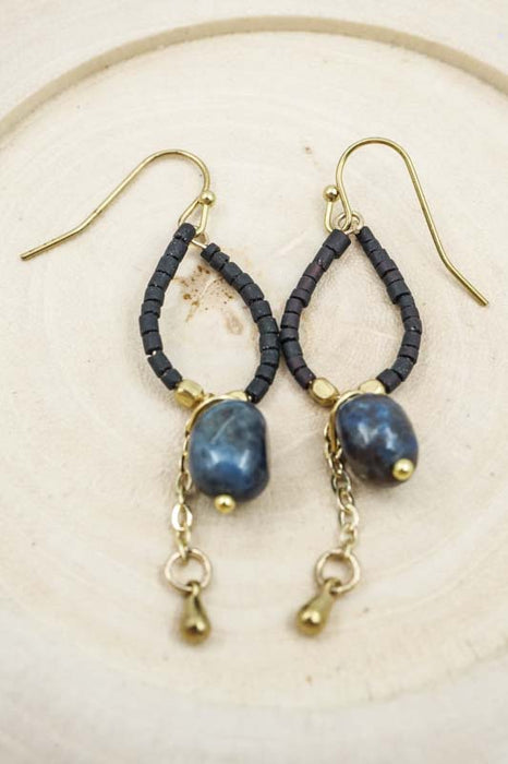Dark Blue Glass Bead and Semi-Precious Stone Earrings