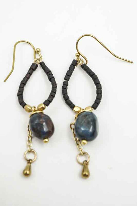 Dark Blue Glass Bead and Semi-Precious Stone Earrings