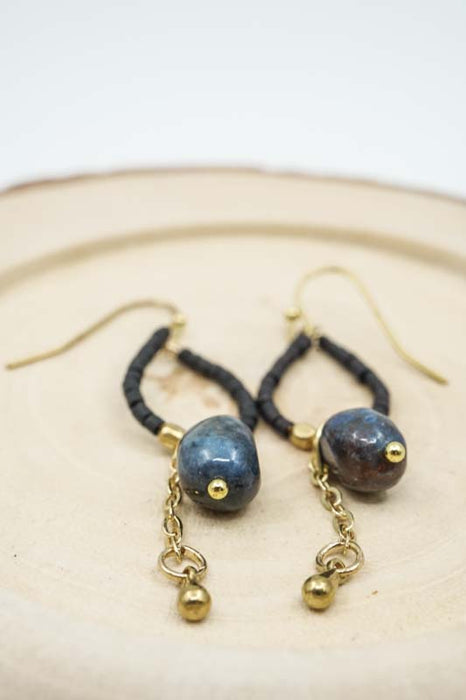 Dark Blue Glass Bead and Semi-Precious Stone Earrings