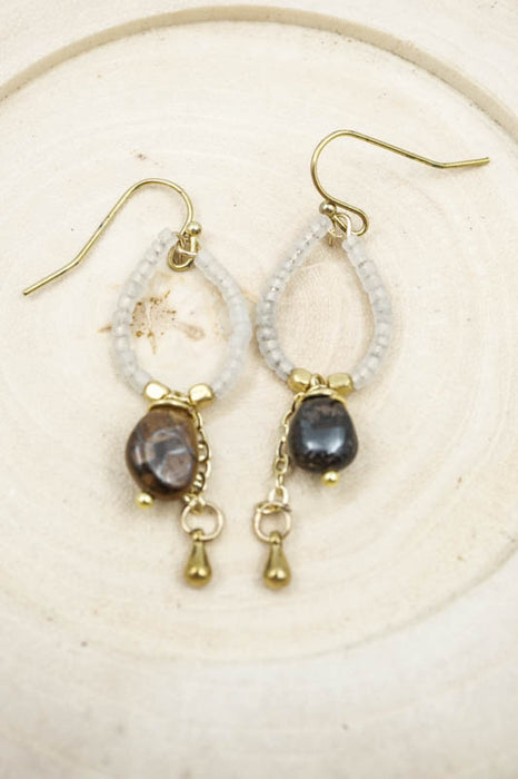 Boucles d'oreilles perles de verre et œil de tigre blanc/marron
