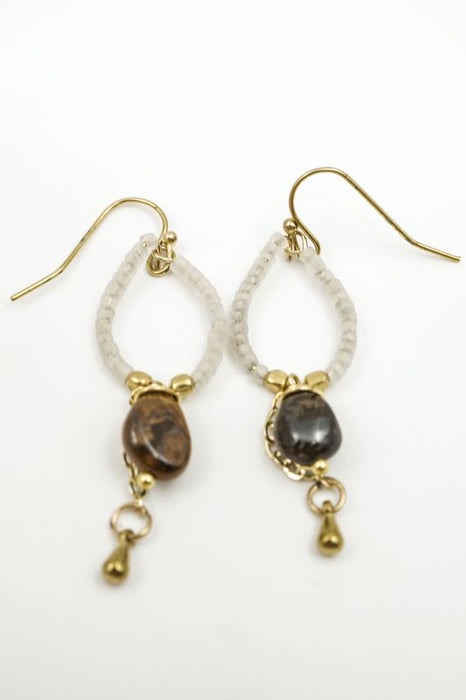 Boucles d'oreilles perles de verre et œil de tigre blanc/marron