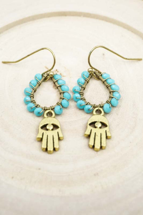 Hamsa Turquoise Glass Bead Earrings