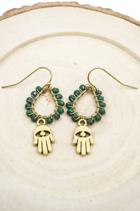 Earrings Glass Beads HAMSA green