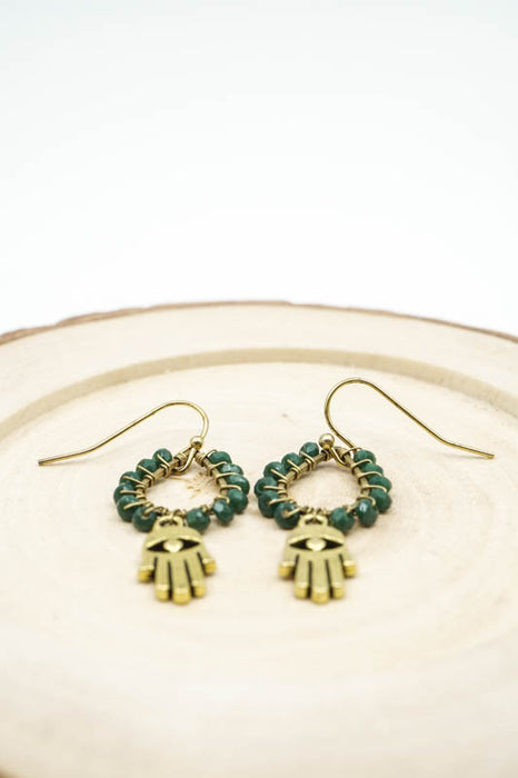 Earrings Glass Beads HAMSA green