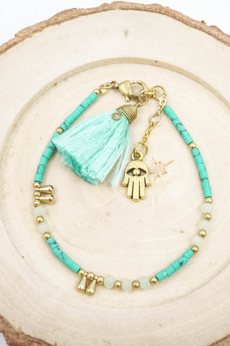 Turquoise Glass Bead Bracelet with Tassel and HAMSA