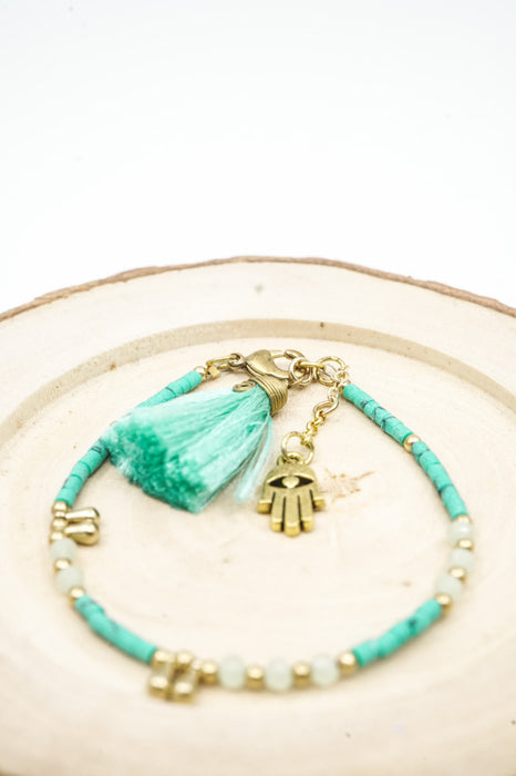 Turquoise Glass Bead Bracelet with Tassel and HAMSA