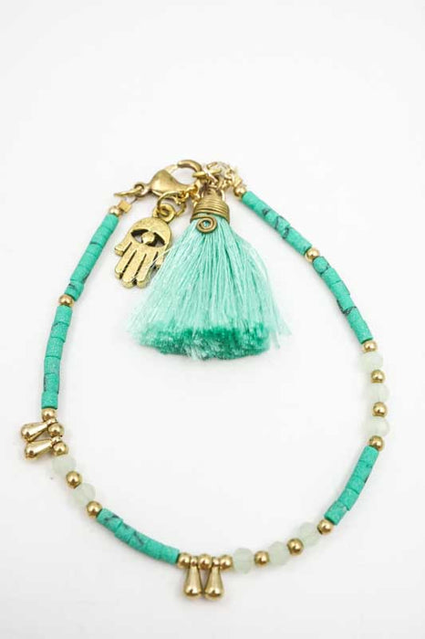Turquoise Glass Bead Bracelet with Tassel and HAMSA