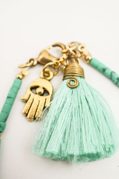 Turquoise Glass Bead Bracelet with Tassel and HAMSA