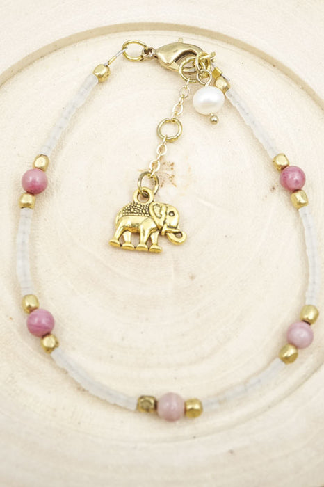 Bracelet, glass beads white/pink with tassel and elephant
