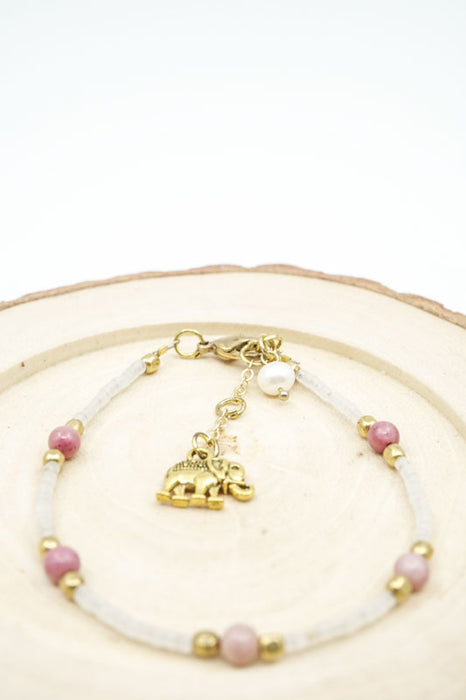 Bracelet, glass beads white/pink with tassel and elephant