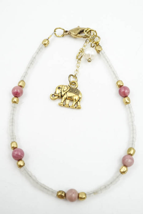 Bracelet, glass beads white/pink with tassel and elephant