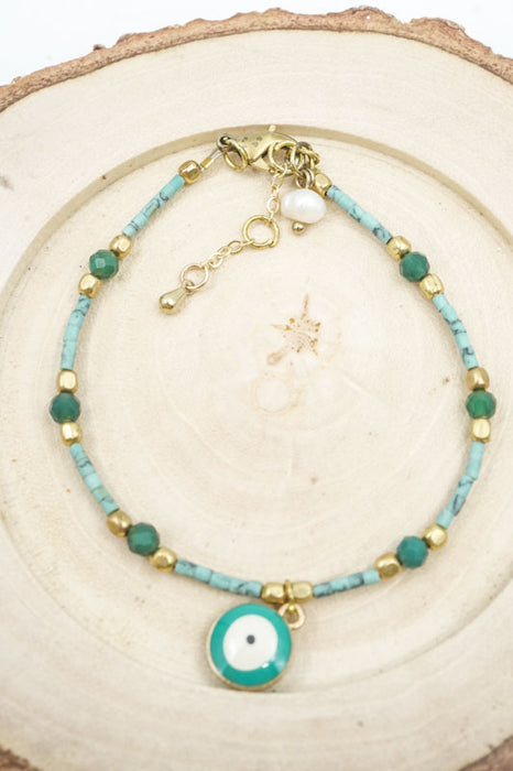 Bracelet perles de verre œil turquoise/blanc/vert