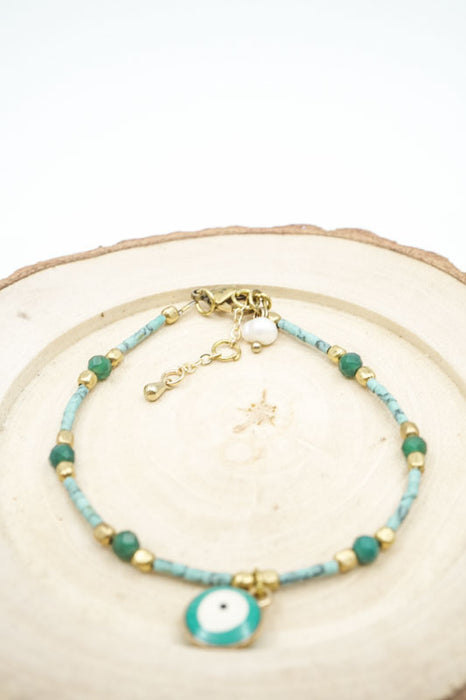 Bracelet perles de verre œil turquoise/blanc/vert