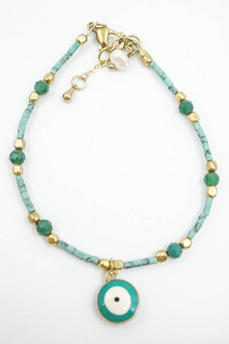 Bracelet perles de verre œil turquoise/blanc/vert