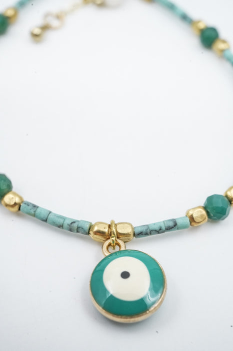 Bracelet perles de verre œil turquoise/blanc/vert