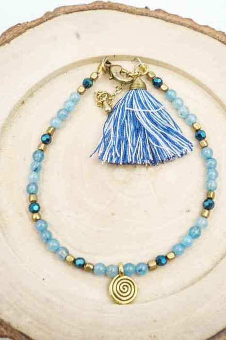 Glass Bead Tassel Bracelet with Round Pendant Light Blue/Dark Blue