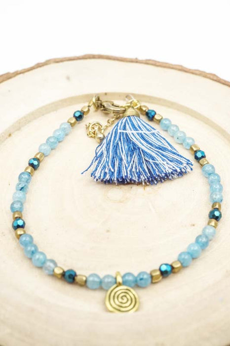 Glass Bead Tassel Bracelet with Round Pendant Light Blue/Dark Blue