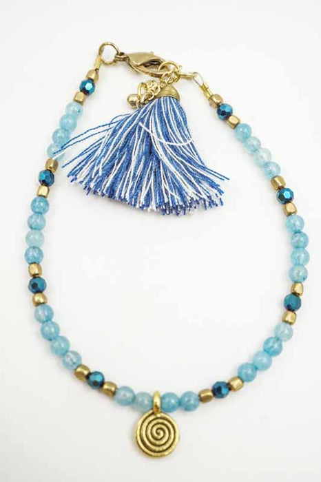 Glass Bead Tassel Bracelet with Round Pendant Light Blue/Dark Blue