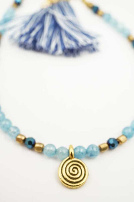 Glass Bead Tassel Bracelet with Round Pendant Light Blue/Dark Blue