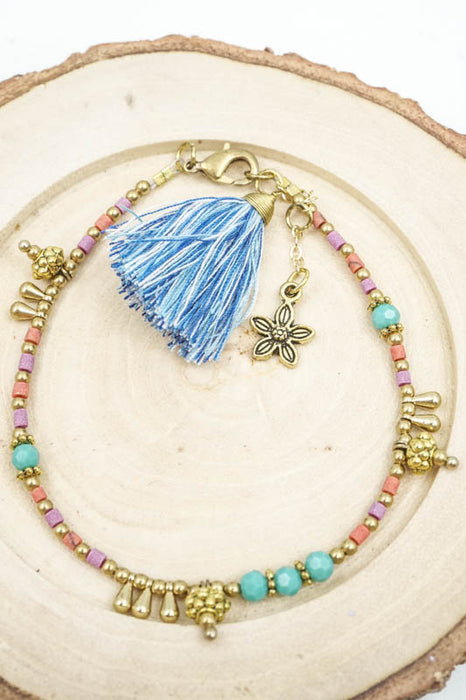 Bracelet glass beads tassel with small flower pendant