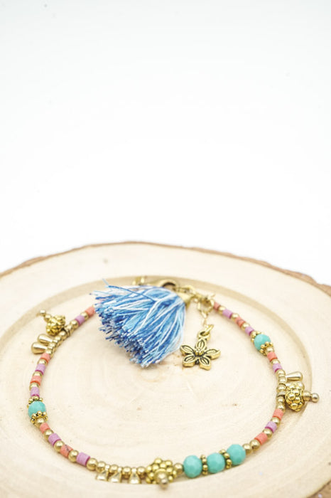 Bracelet glass beads tassel with small flower pendant