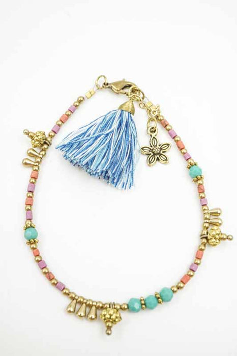 Bracelet glass beads tassel with small flower pendant