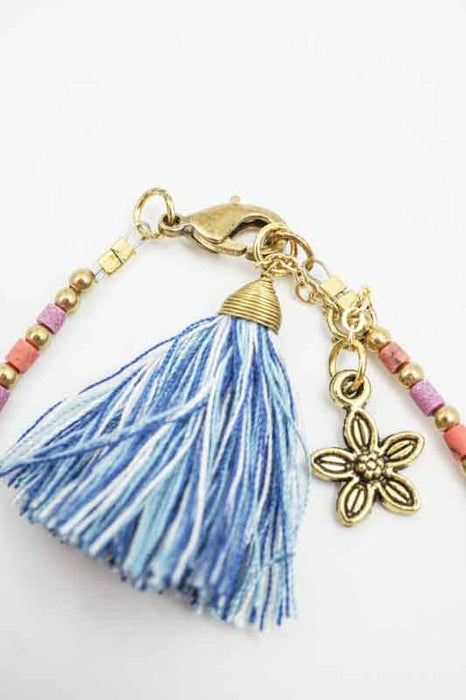 Bracelet glass beads tassel with small flower pendant