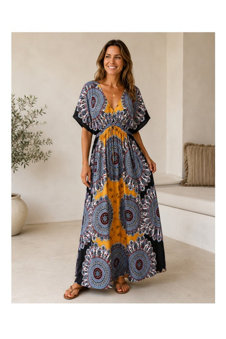 Long Dress Batwing Sleeves Rayon Assorted - One Size