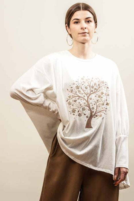 Cotton/nylon sweater with tree of life, beige - One Size