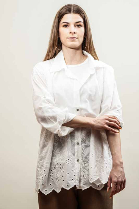 Off-white cotton blouse with embroidered trim - One Size
