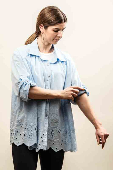 Light blue cotton blouse with embroidered trim - One Size